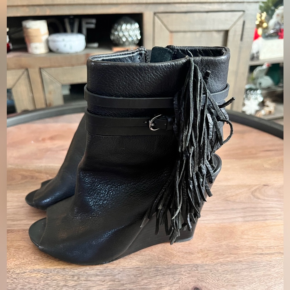 Rebecca Minkoff wedge peep toe, fringe bootie size 8
